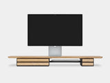 Modern monitor stand  a white background oakywood wooden desk shelf pro, solid wood monitor stand side view | light oak, dual drawer, black