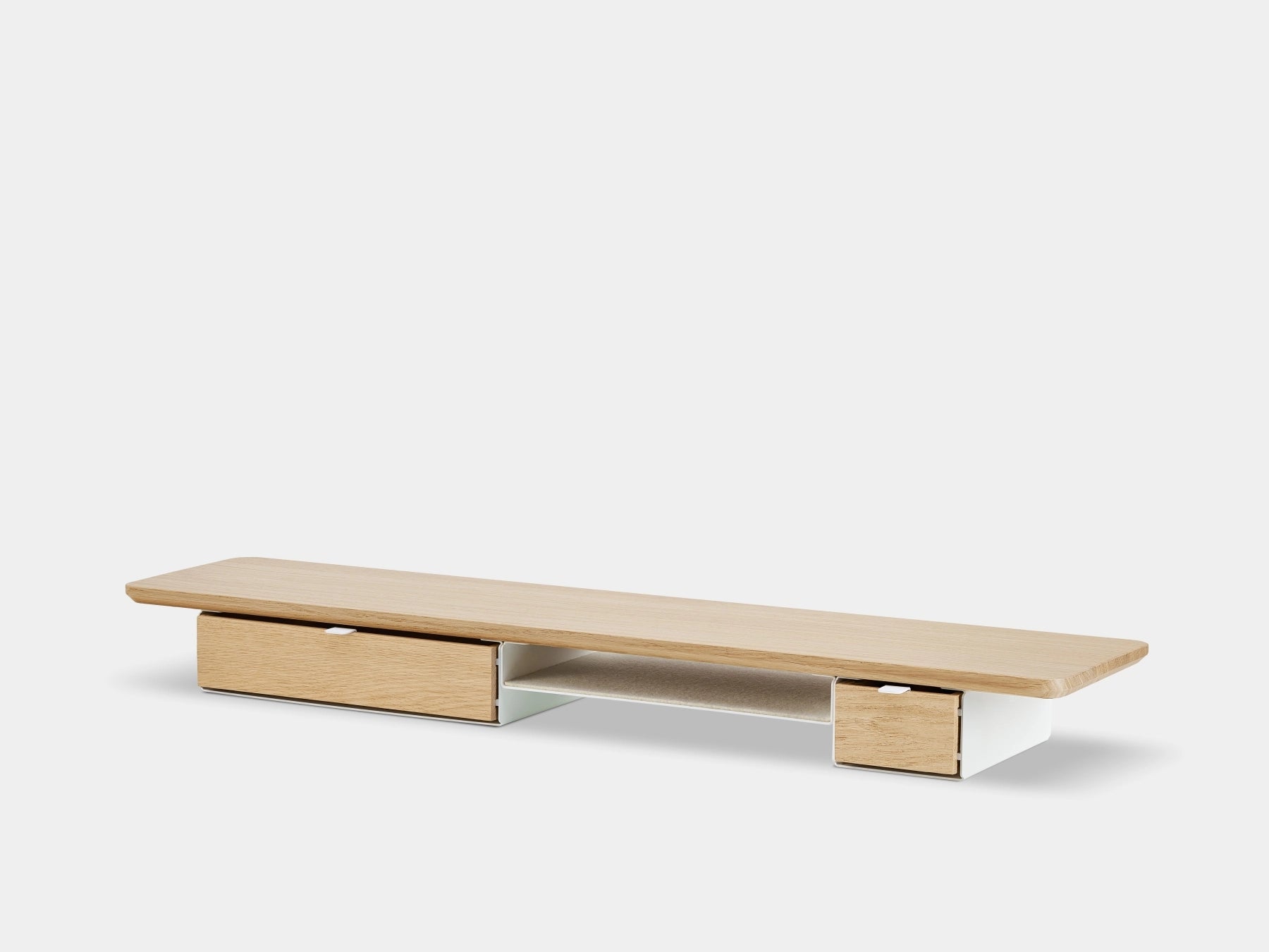 Modern monitor stand  a white background oakywood wooden desk shelf pro, solid wood monitor stand side view | light oak, single drawer, white