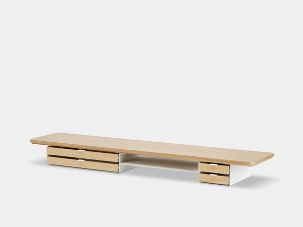 Modern monitor stand  a white background oakywood wooden desk shelf pro, solid wood monitor stand side view | light oak, dual drawer, white