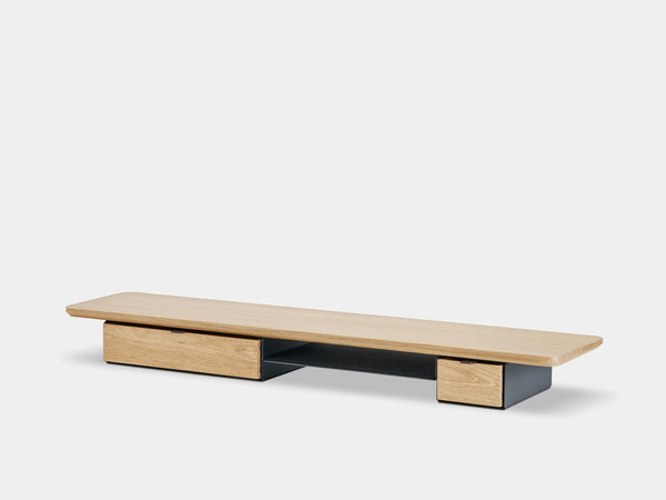 Modern monitor stand  a white background oakywood wooden desk shelf pro, solid wood monitor stand side view | light oak, single drawer, black
