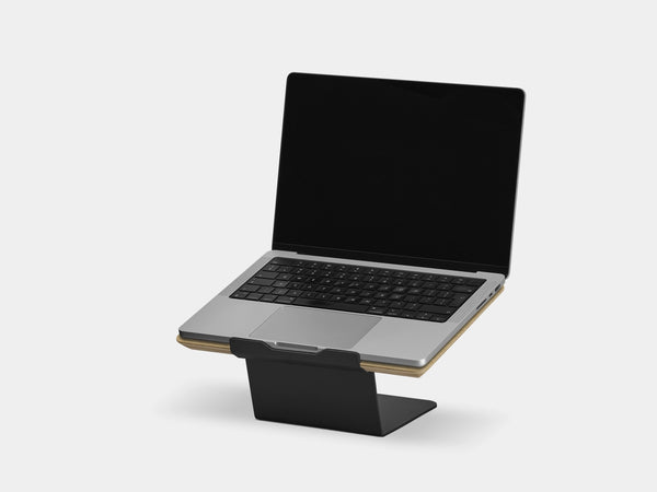 Wooden laptop stand on a white background | oak veneer, black