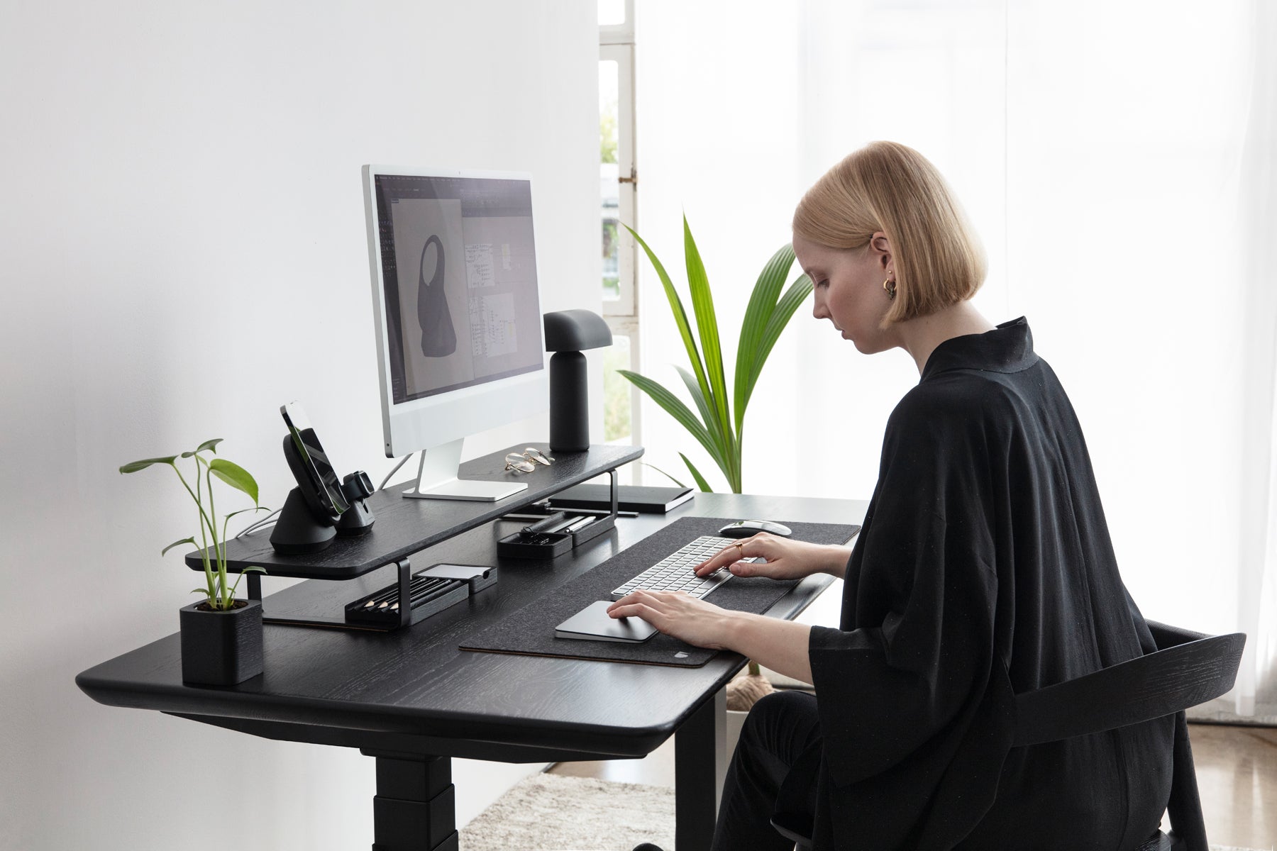 oakywood black wooden standing desk setup | black, ,