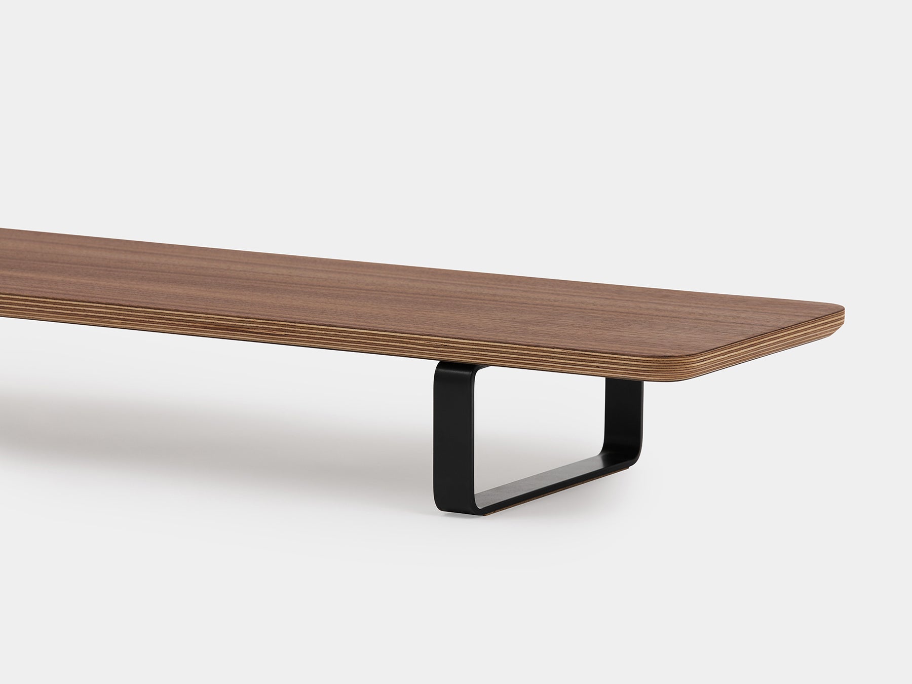 walnut veneer desk shelf with black legs - closeup | walnut veneer, black