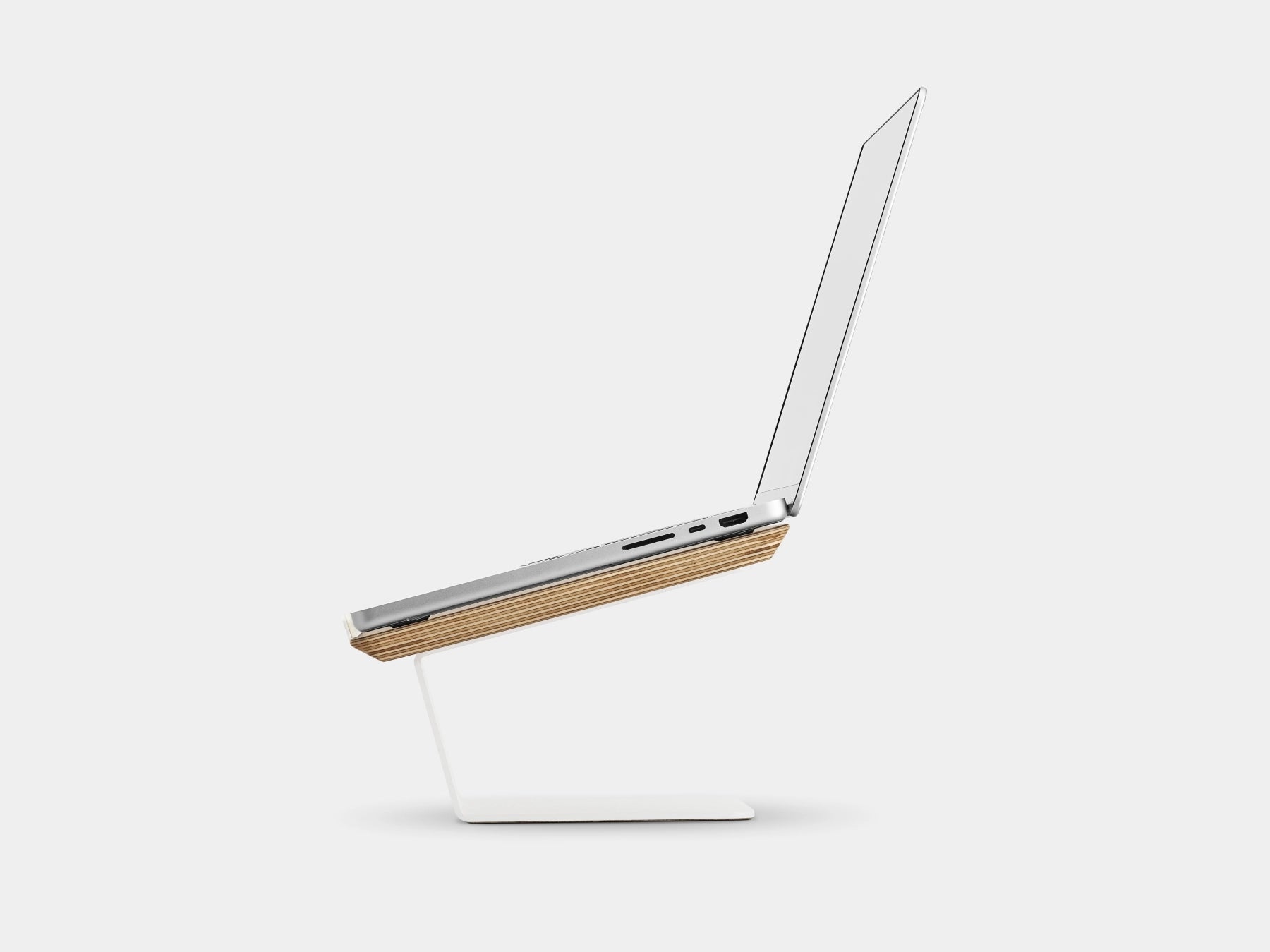 Wooden laptop stand on a white background | oak veneer, white