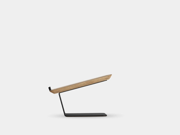 Wooden laptop stand on a white background | walnut veneer, black