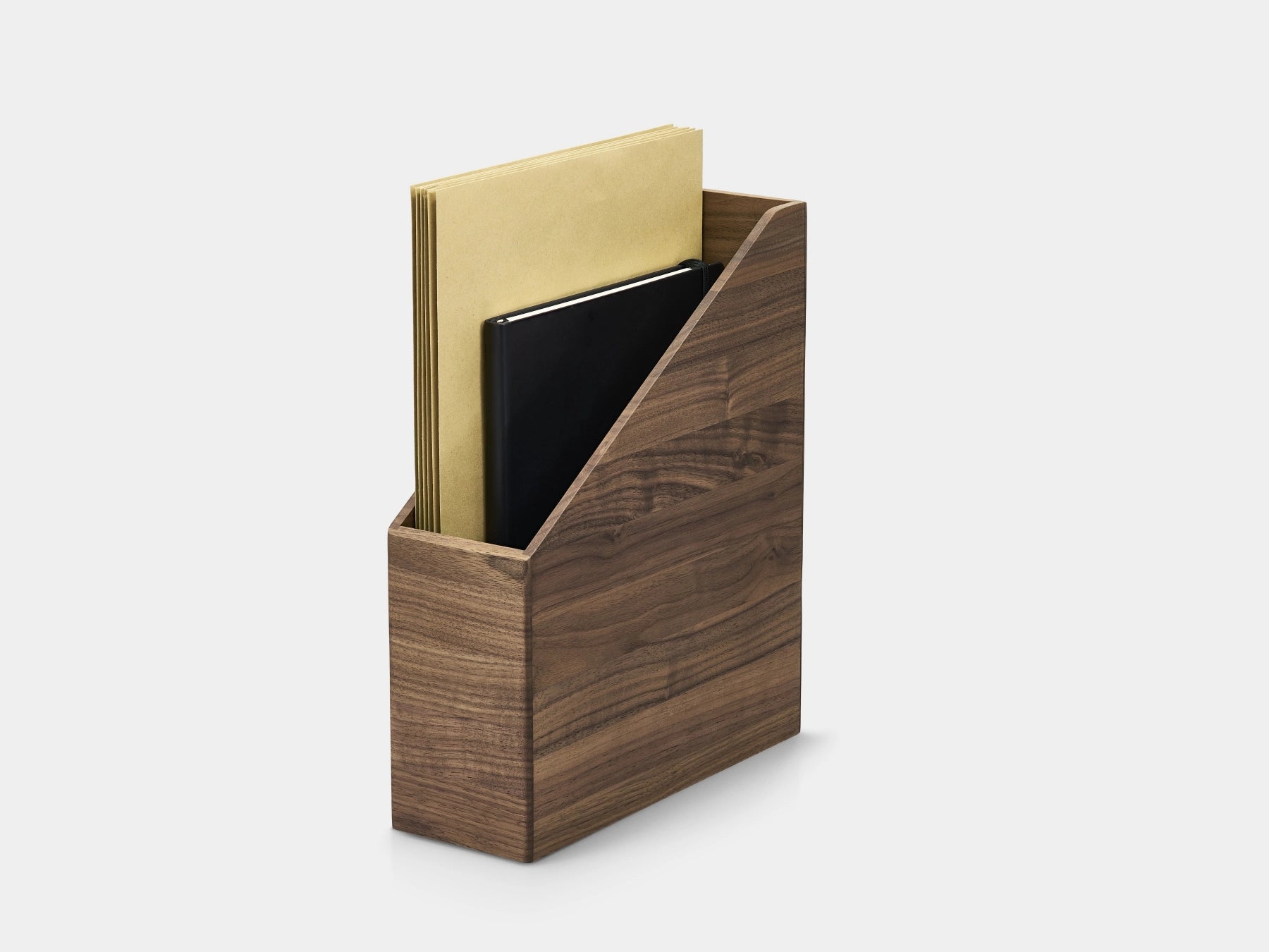 Wooden magazine holder with books on a white background| walnut