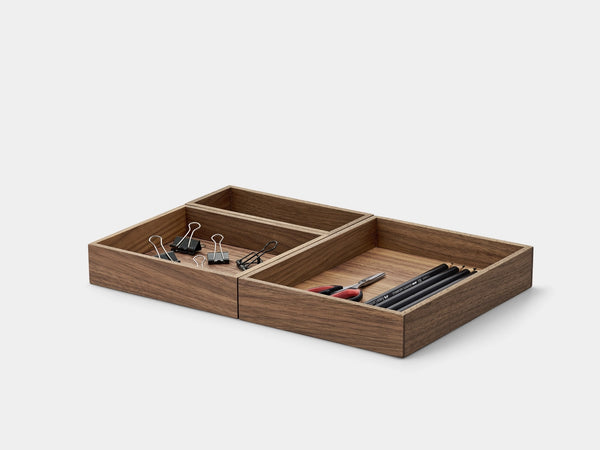 Wooden desk organizer with office supplies on a white background | walnut, set