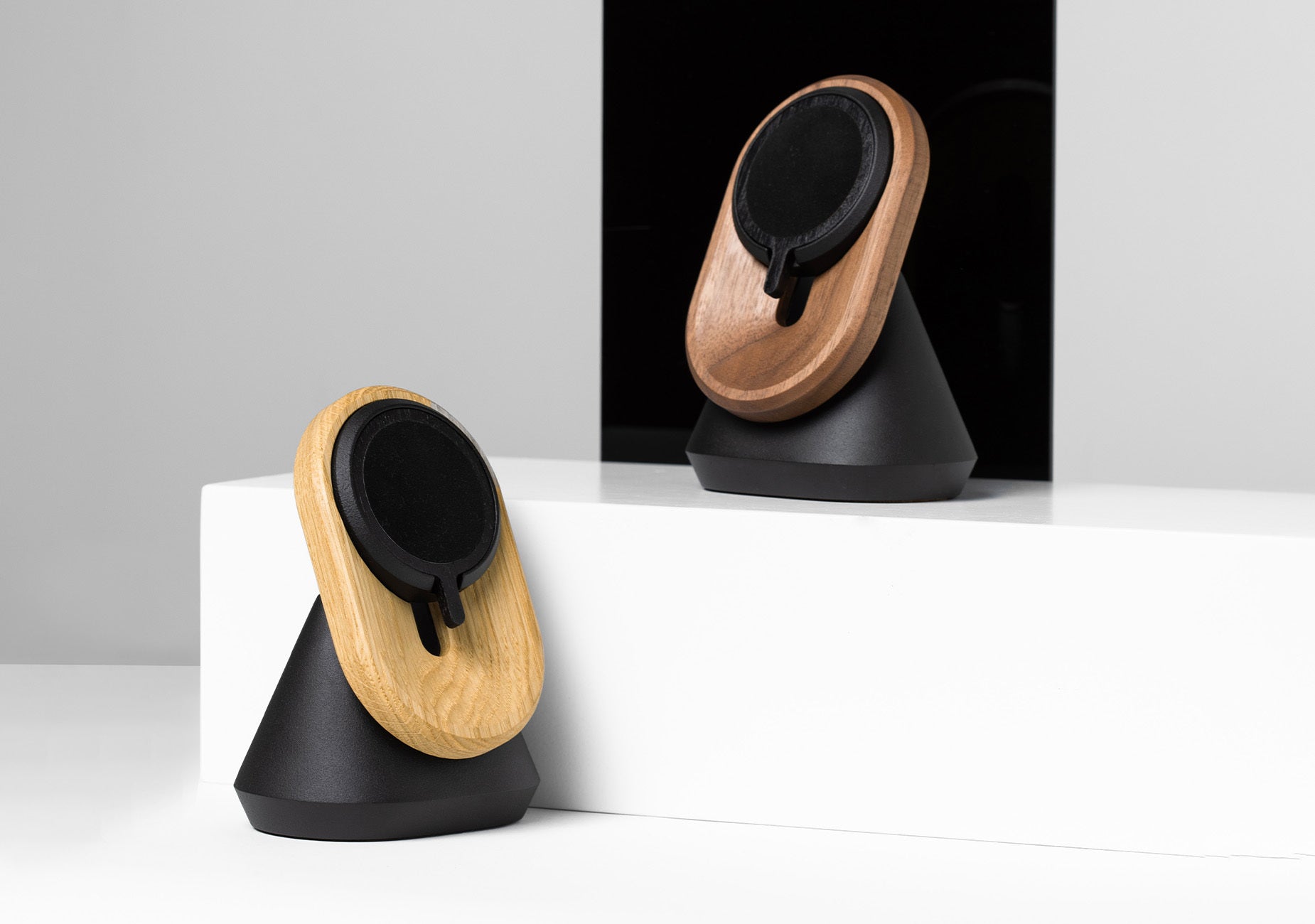 magsafe puck in oak and walnut magsafe iphone stand | -