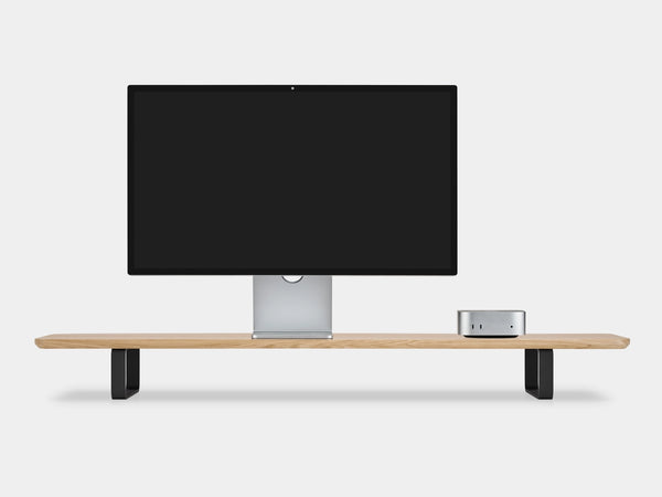 Apple display studio on oakywood desk shelf | light oak, black