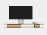 Modern monitor stand a white background oakywood wooden desk shelf pro, solid wood monitor stand side view | light oak, dual drawer, black