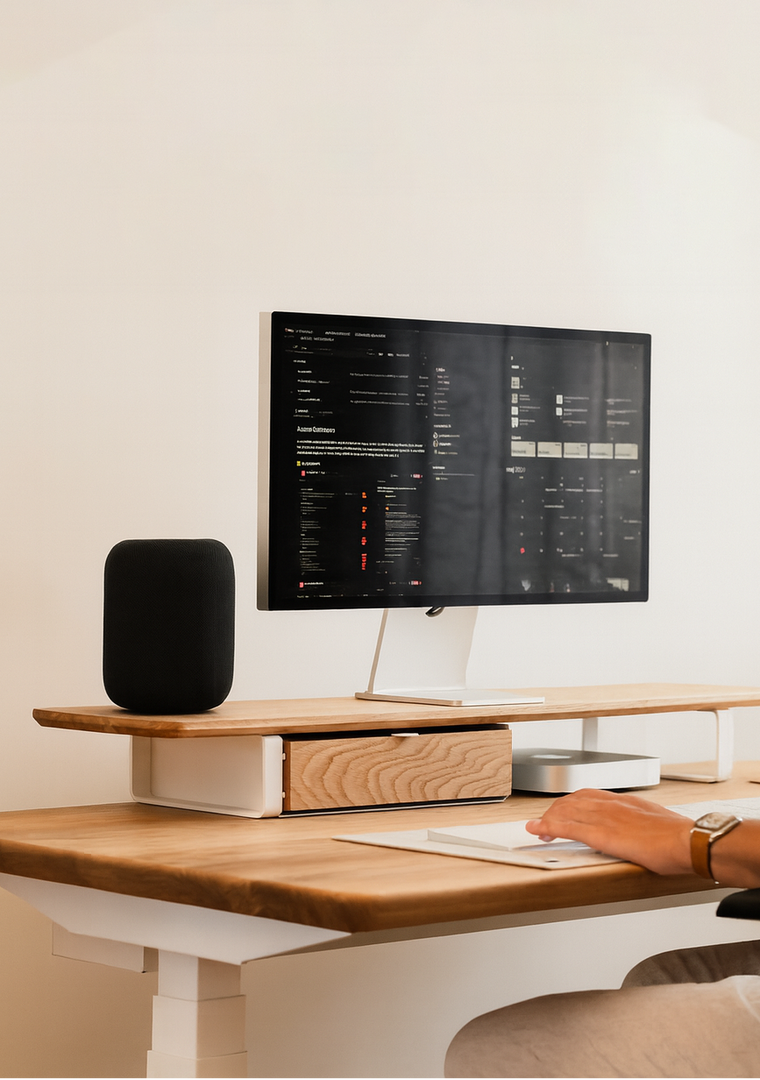 desk with desk shelf and monitor on top of it