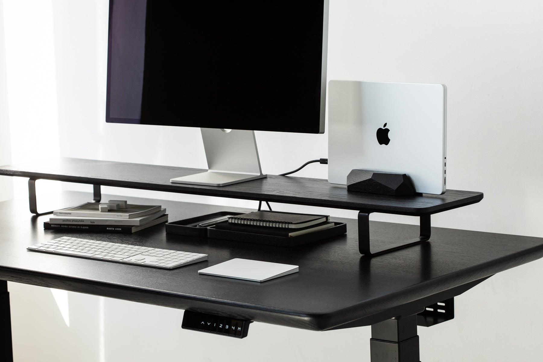 oakywood black wooden laptop stand desk setup | black