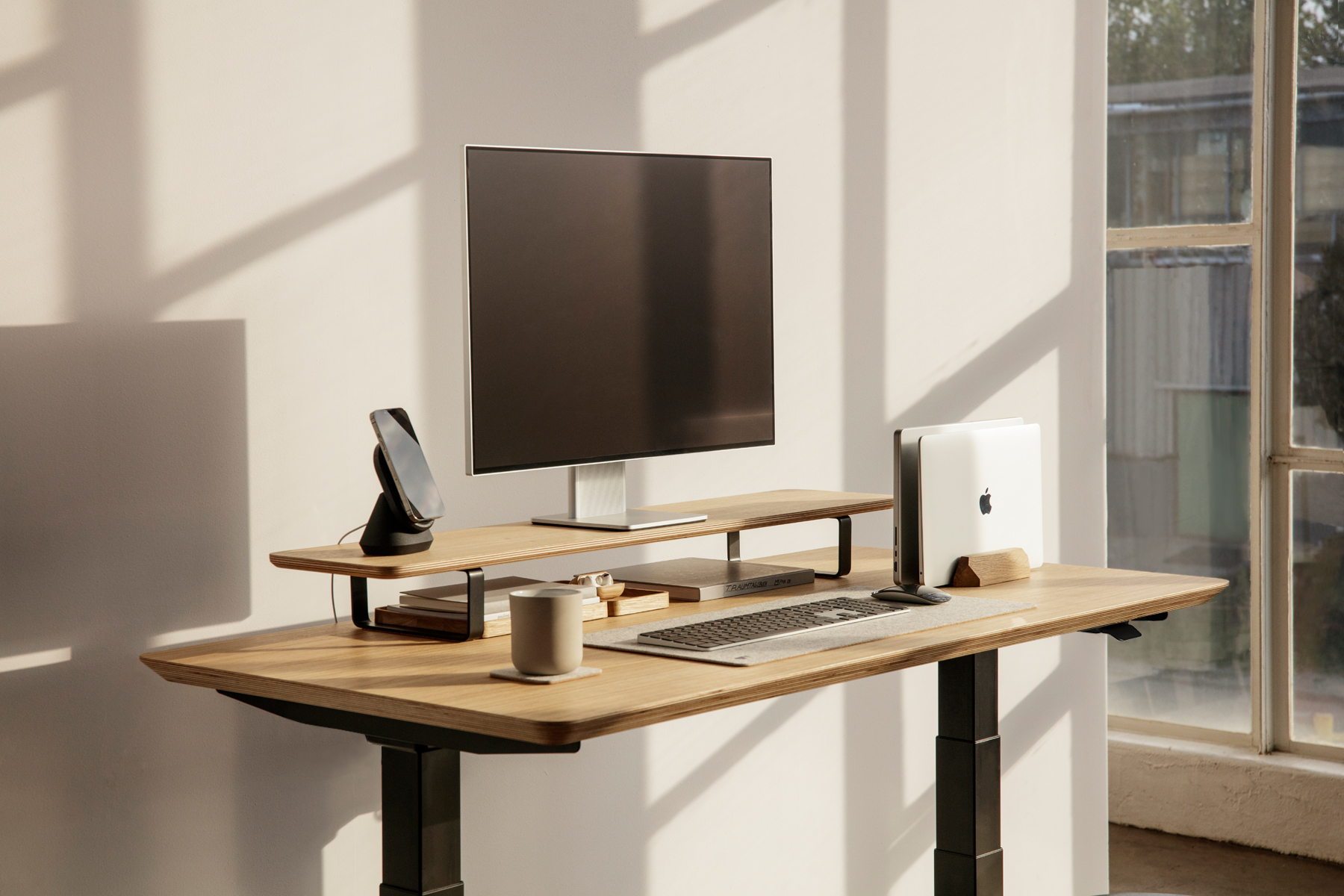 oak veneer oakywood standing desk pro aesthetic desk setup with desk shelf | oak veneer, , 
