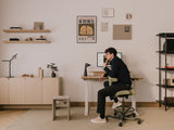 desk setup with floating shelves | light oak