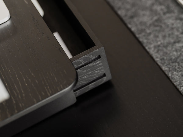 oakywood black wooden desk shelf mini with a single drawer and black base closeup | black, ,