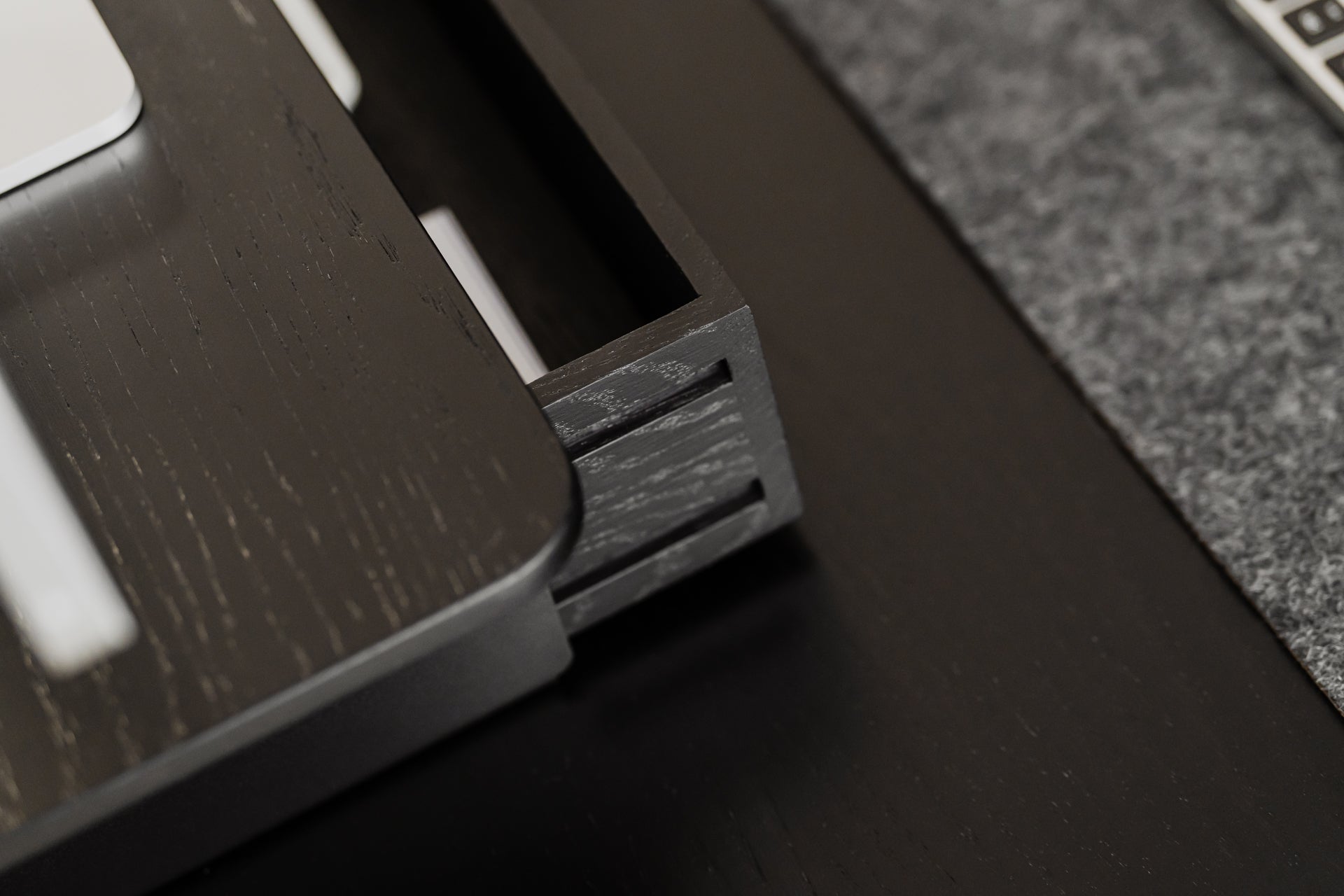 oakywood black wooden desk shelf mini with a single drawer and black base closeup | black, ,