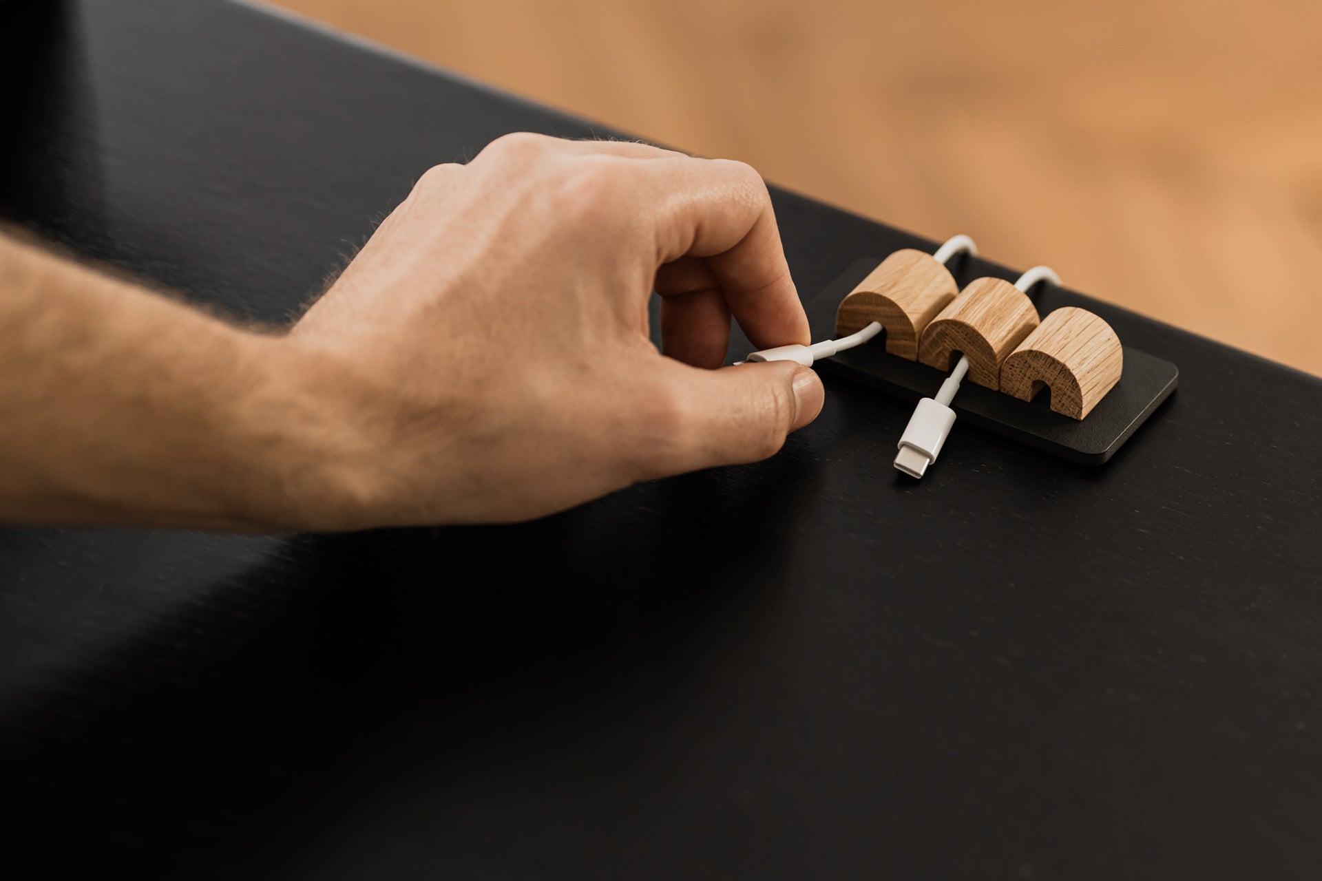 Oak and black magnetic cable holder – functional solution for organizing charging cables | oak, black