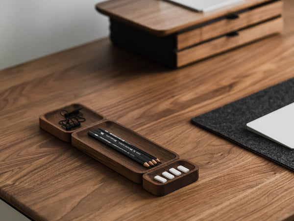 Oakywood Catchall Tray Mini Bundle in oak – versatile solid wood trays for tidy workspace arrangement | walnut, 