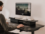Person using a computer on a standing desk with a monitor displaying a snowy landscape | black