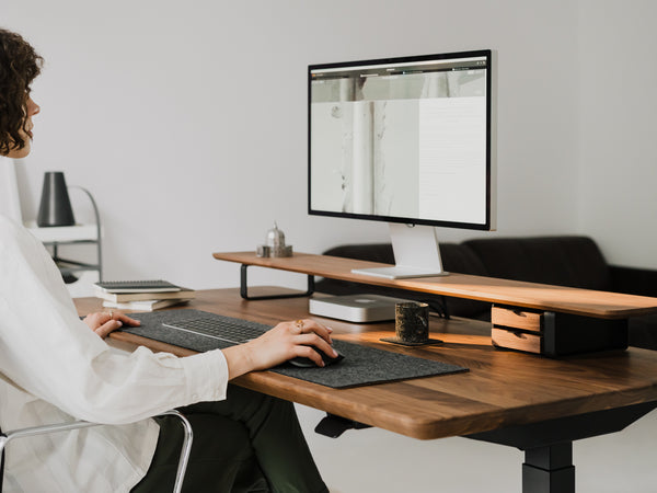 walnut wooden desk shelf with standing desk setup | walnut, 