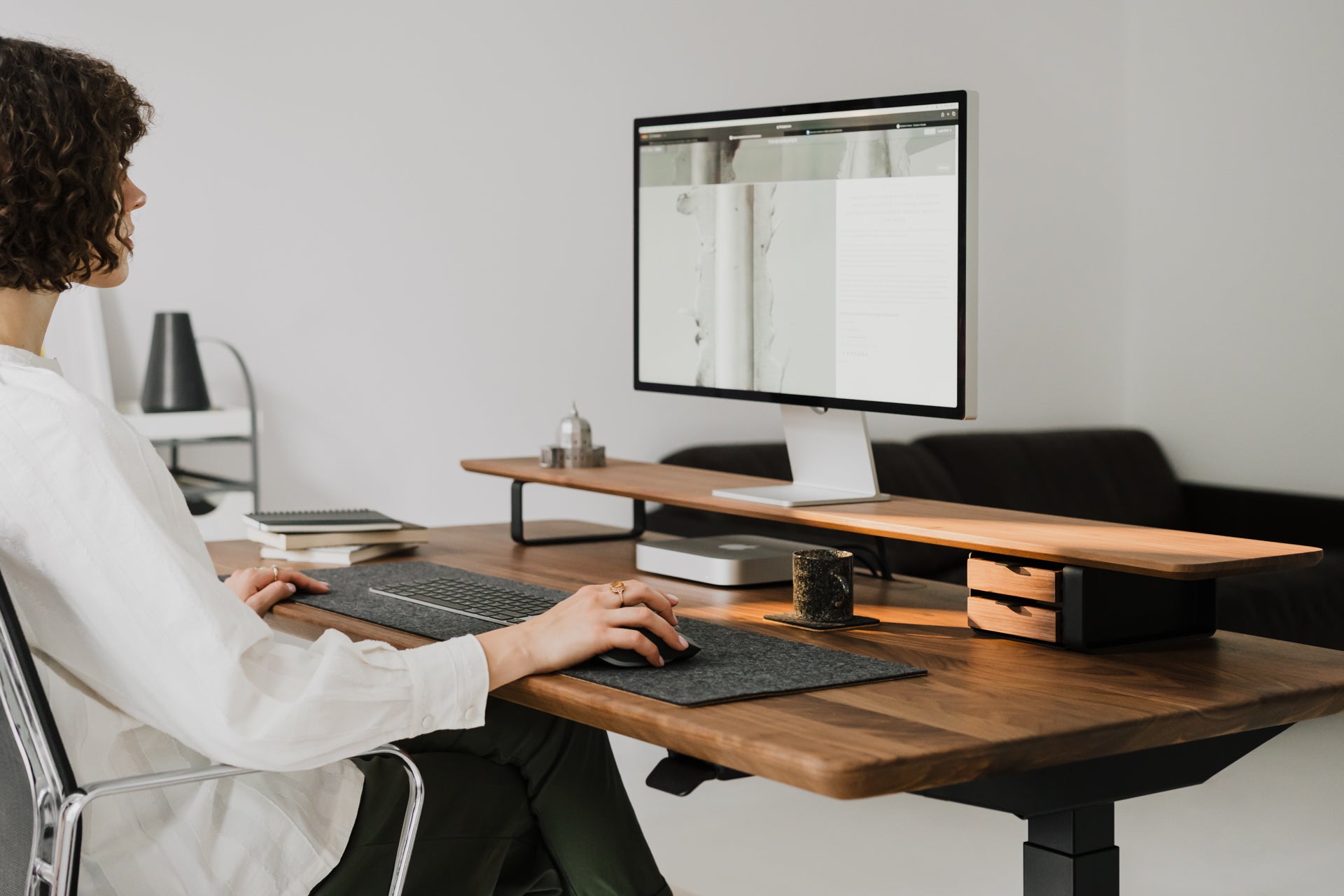 walnut wooden desk shelf with standing desk setup | walnut, 