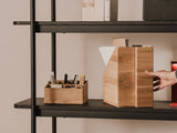 Wooden desk organizer, A4 paper holder on a shelf with a neutral background  | oak