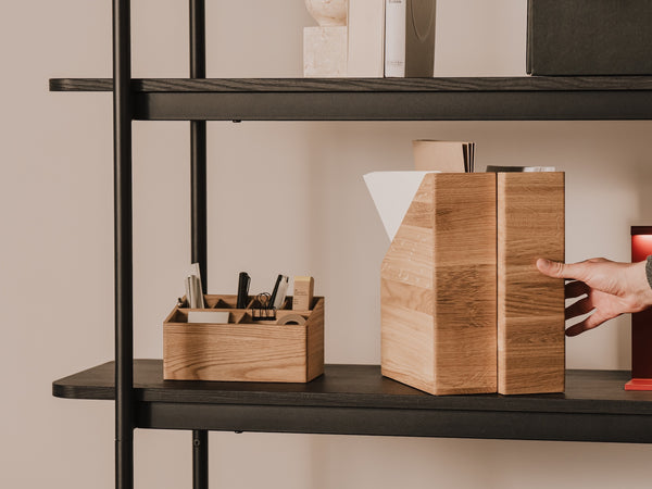 Wooden desk organizer, A4 paper holder on a shelf with a neutral background  | oak