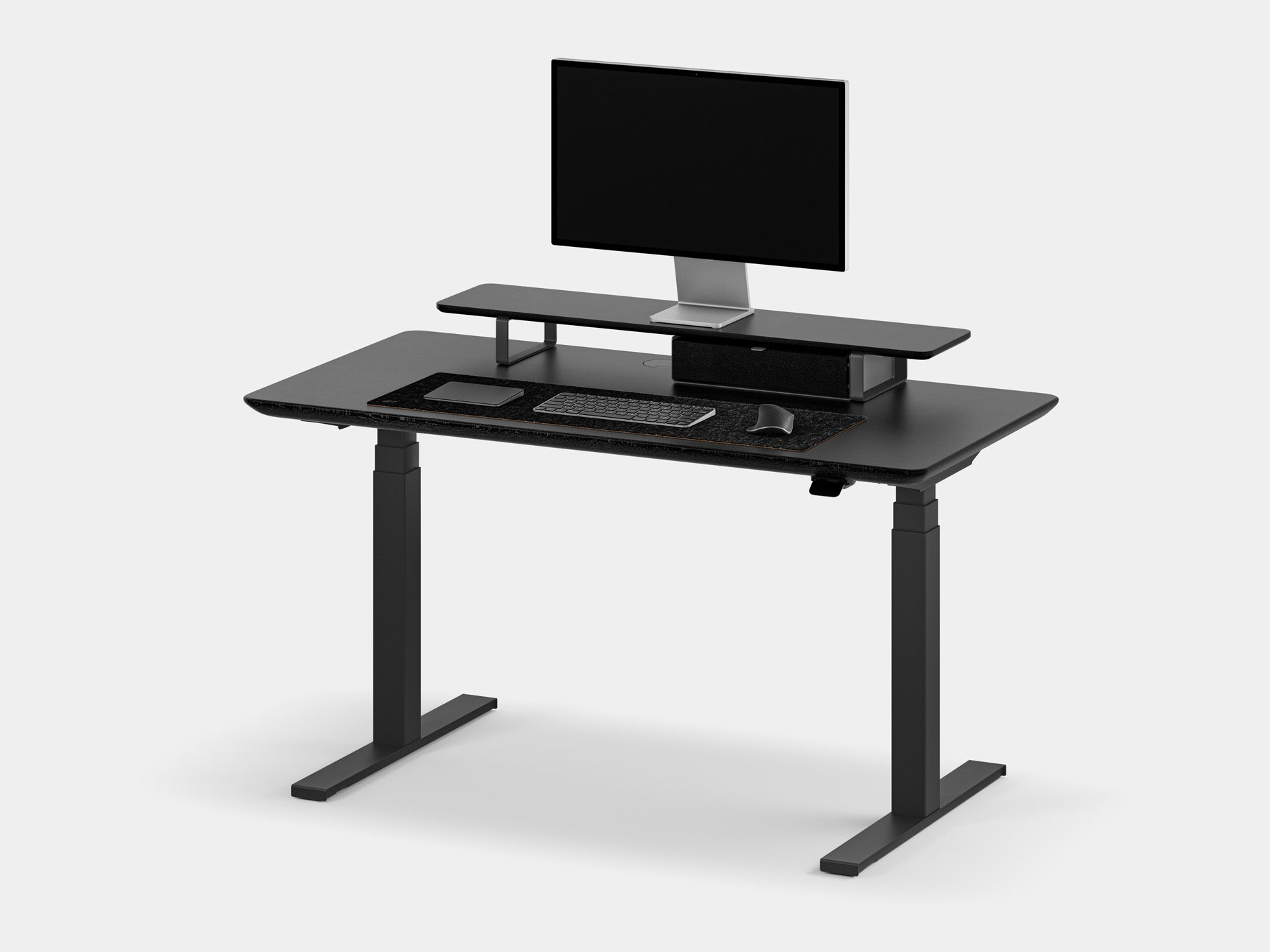 Oakywood Desk Setup Pro in black with black accents – premium office setup with Standing Desk Pro, desk shelf, and large drawer | black, , black