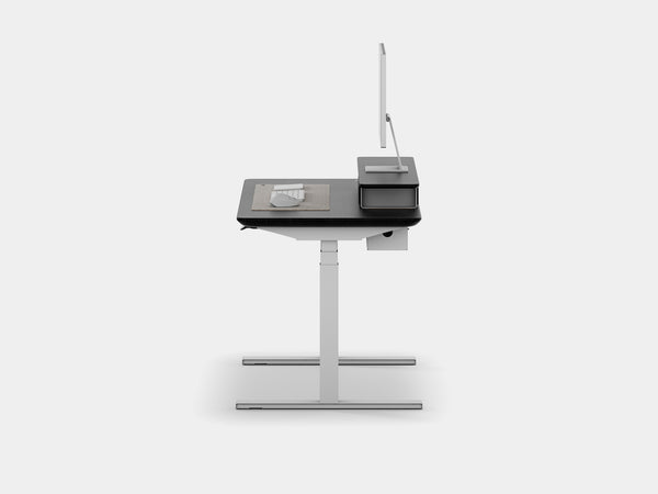 Oakywood Desk Setup Pro in black with white highlights – functional desk bundle including Standing Desk Pro, modular drawer, and wooden accessories | black, , white