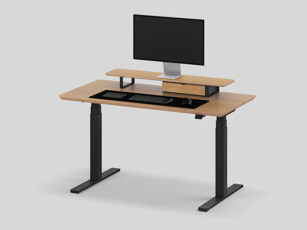 Oakywood Desk Setup Pro in oak veneer with black accents – premium ergonomic desk bundle with Standing Desk Pro and felt & cork mat | oak veneer, , black