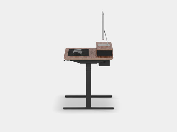 Oakywood Desk Setup Pro in walnut veneer with black highlights – modern workspace bundle with modular drawer and monitor riser | walnut veneer, , black