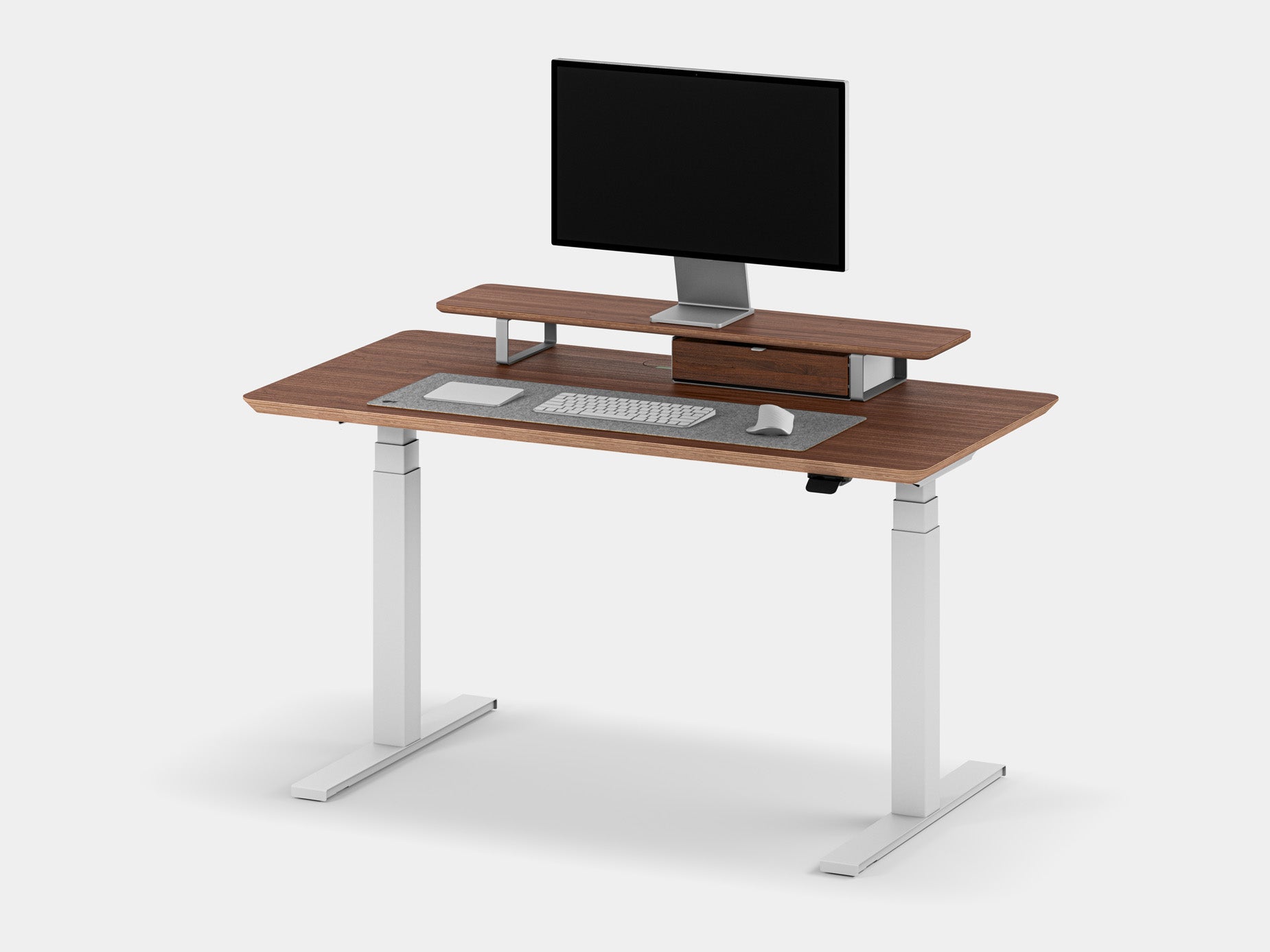 Oakywood Desk Setup Pro in walnut veneer with white accents – premium ergonomic desk bundle with Standing Desk Pro and desk shelf | walnut veneer, , white