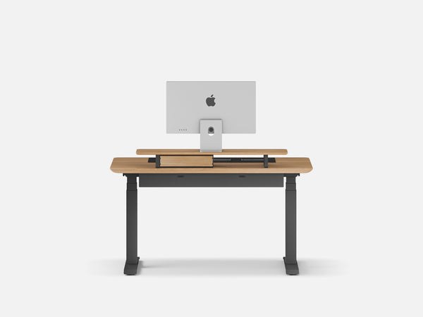 Oakywood Desk Setup Touch Bundle crafted from oak with black finish – height adjustable desk, modular drawer, desk shelf, and felt & cork mat | oak, , black