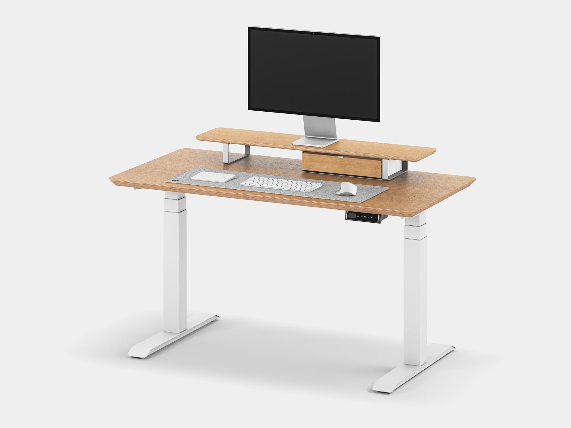 Oakywood Desk Setup Touch Bundle in oak veneer with white accents – complete functional workspace with Standing Desk Touch, drawers, and felt & cork mat | oak veneer, , white