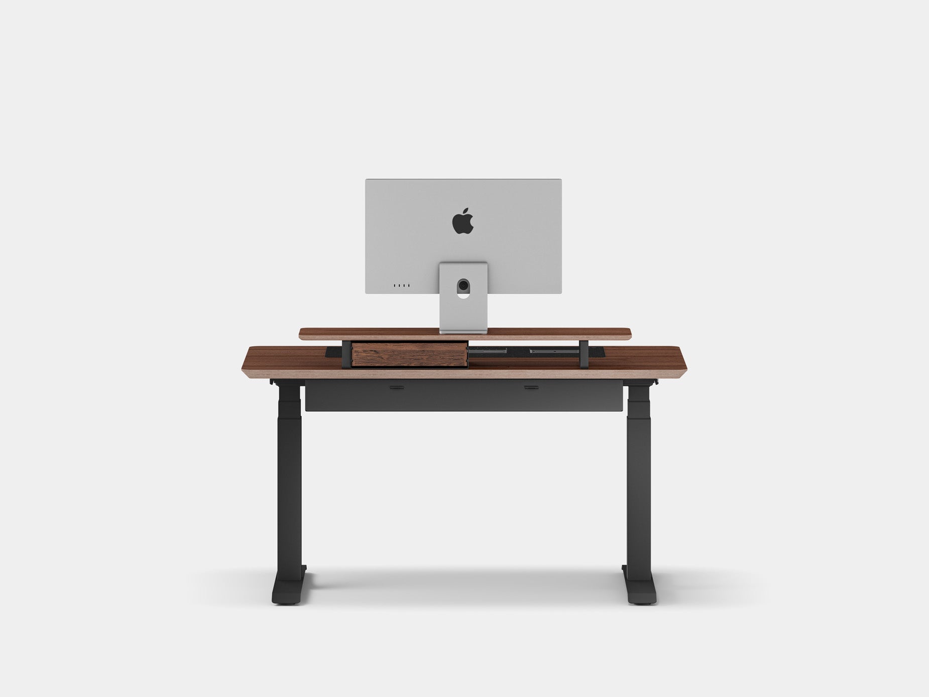 Oakywood Desk Setup Touch Bundle crafted from walnut veneer with black finish – functional ergonomic workspace with cable tray, grommet, and accessories | walnut veneer, , black