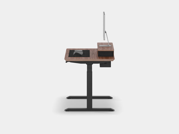 Oakywood Desk Setup Touch Bundle in walnut veneer with black highlights – modern desk bundle with felt & cork mat, drawers, and monitor riser | walnut veneer, , black