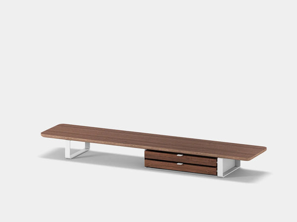 oakywood walnut veneer desk shelf with white legs and dual modular drawer | walnut veneer, dual drawer, white