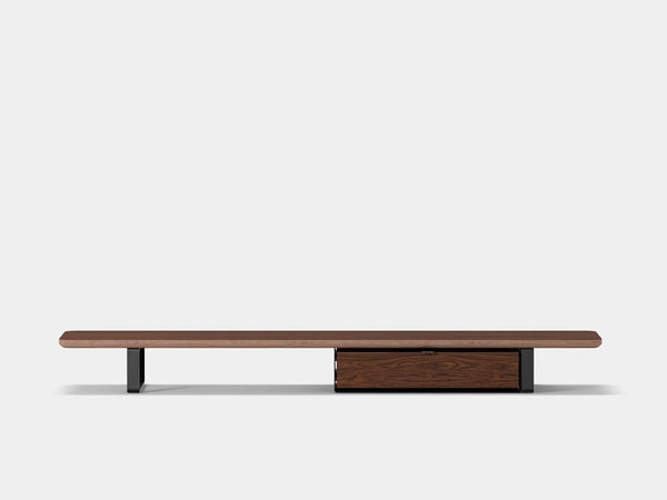 oakywood walnut veneer desk shelf with black legs and single modular drawer | walnut veneer, single drawer, black
