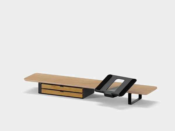 Oakywood Desk Shelf Bundle – Drawer & Laptop Stand in oak veneer with dual drawers in black – modern desktop monitor shelf with storage | oak veneer, dual drawer, black