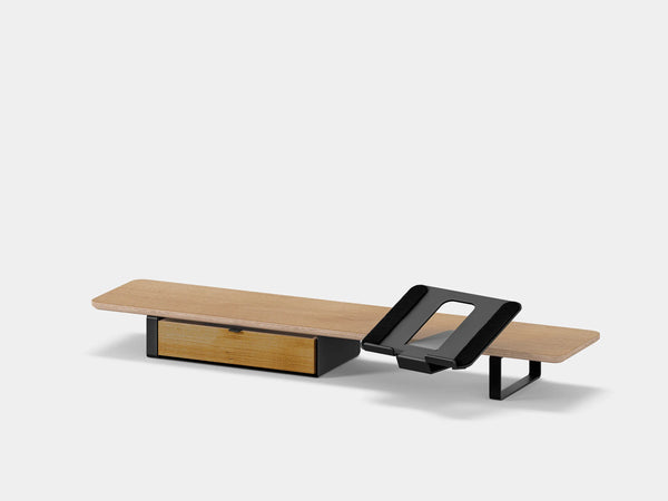 Oakywood Desk Shelf Bundle – Drawer & Laptop Stand in oak veneer with single drawer finished in black – elegant workspace monitor stand | oak veneer, single drawer, black
