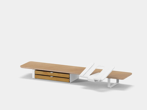 Oakywood Desk Shelf Bundle – Drawer & Laptop Stand in oak veneer with dual drawers finished in white – stylish wooden desktop organizer | oak veneer, dual drawer, white