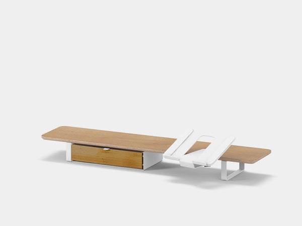 Oakywood Desk Shelf Bundle – Drawer & Laptop Stand in oak veneer with single drawer finished in white – modern wooden desktop monitor shelf | oak veneer, single drawer, white
