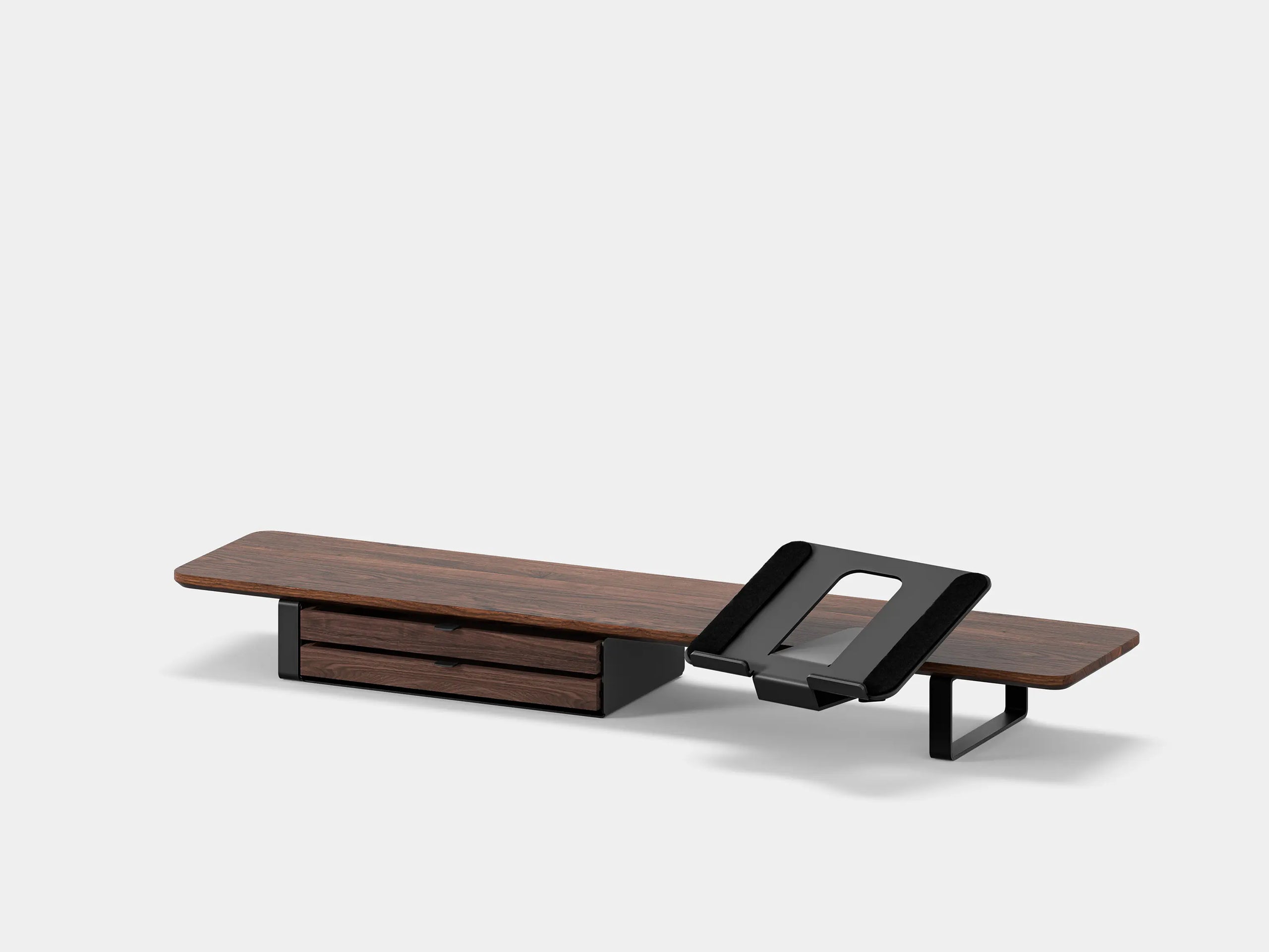 Oakywood Desk Shelf Bundle – Drawer & Laptop Stand in walnut with dual drawers finished in black – stylish monitor riser and laptop organizer | walnut, dual drawer, black