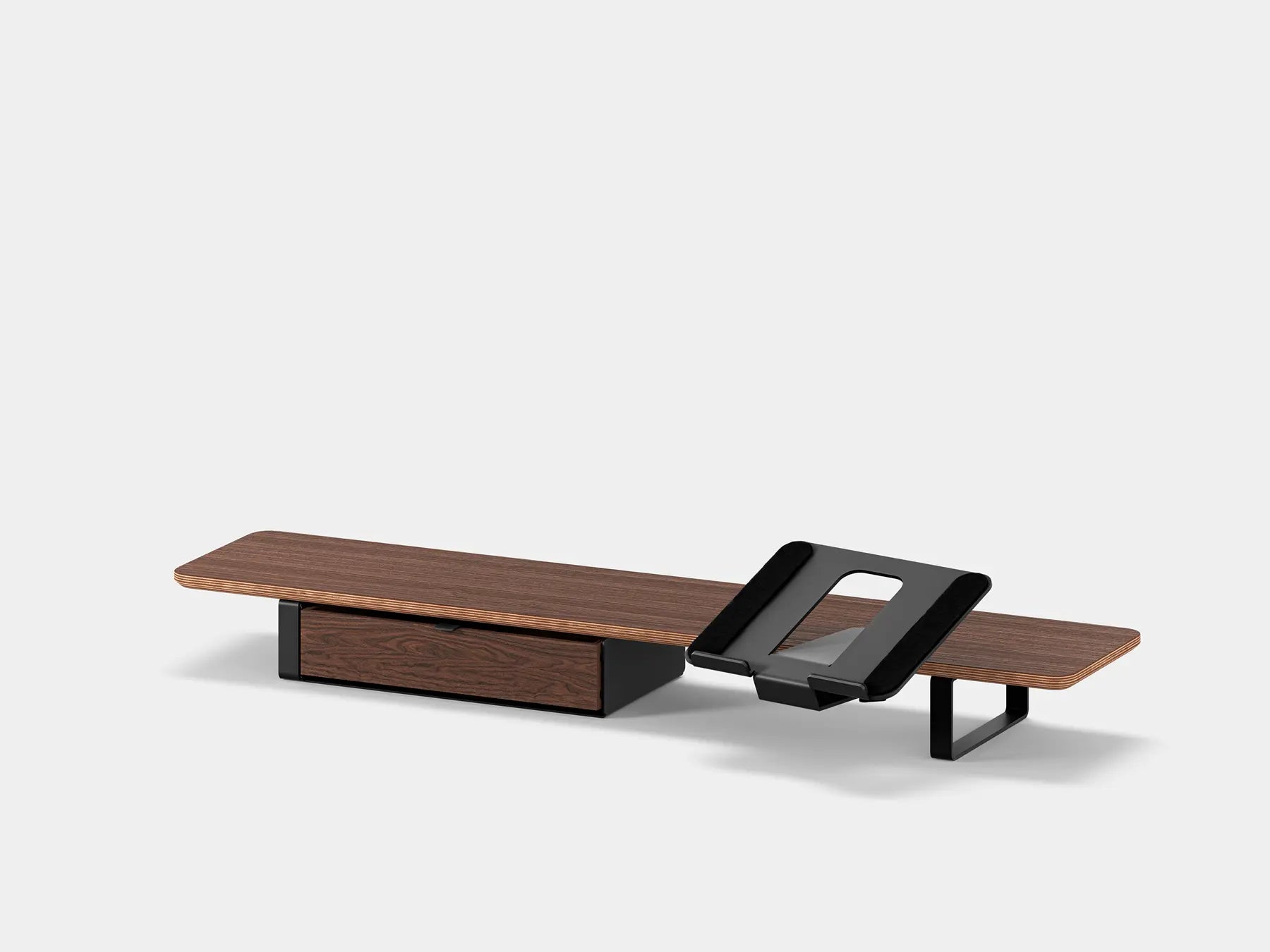 Oakywood Desk Shelf Bundle – Drawer & Laptop Stand in walnut veneer with single drawer finished in black – elegant dark wood monitor riser | walnut veneer, single drawer, black