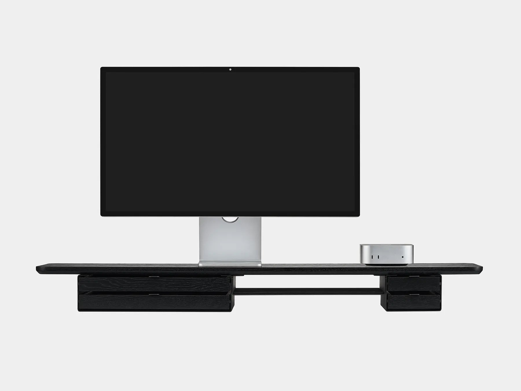 oakywood wooden desk shelf pro, solid wood monitor stand front view with mac mini | black, dual drawer, black