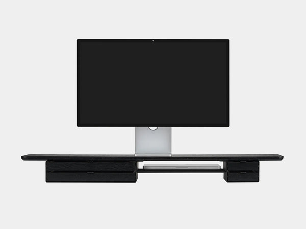 oakywood wooden desk shelf pro, solid wood monitor stand front view with macbook | black, dual drawer, black
