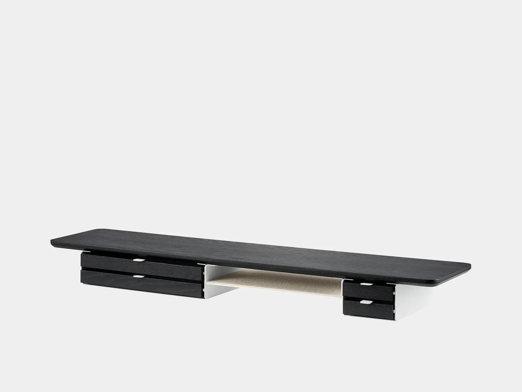 oakywood wooden desk shelf pro, solid wood monitor stand side view | black, dual drawer, white