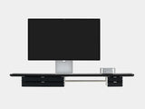 oakywood wooden desk shelf pro, solid wood monitor stand front view with mac mini | black, dual drawer, white