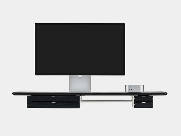 oakywood wooden desk shelf pro, solid wood monitor stand front view with mac mini | black, dual drawer, white
