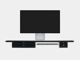 oakywood wooden desk shelf pro, solid wood monitor stand front view with macbook | black, dual drawer, white